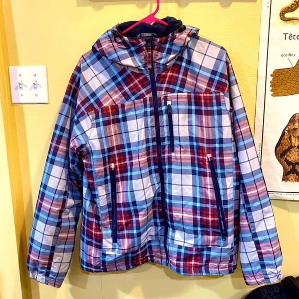 American Eagle Red White Blue Plaid Rain/Snow Jacket Fleece Lined Size Medium